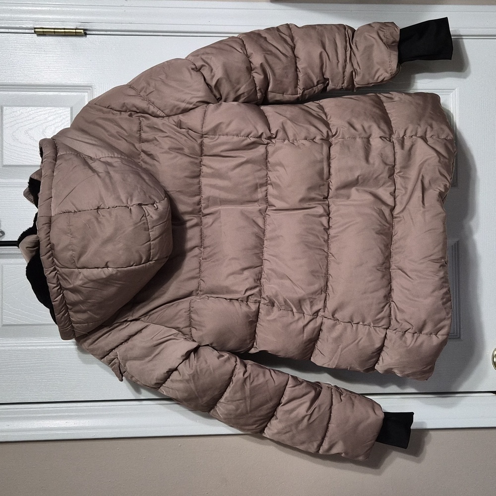 Steve Madden Faux-Fur-Lined Hooded Puffer Coat Tan With Black Size Large - Picture 3 of 12